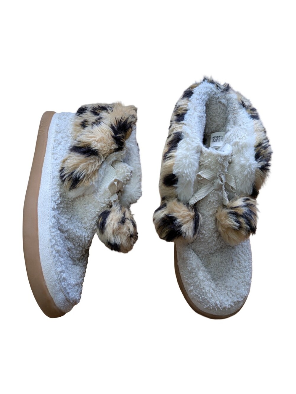 Toms Celeste Slippers - Cream Faux-Sherpa Pom Pom Slippers with Leopard Accent